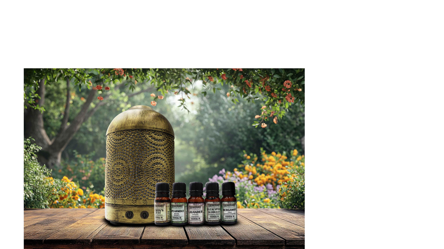 Golden Mirage - Aromatherapy essential oil Diffuser Purenaissance, Domestic-professional use, with five bottles of 10ml essential oils.