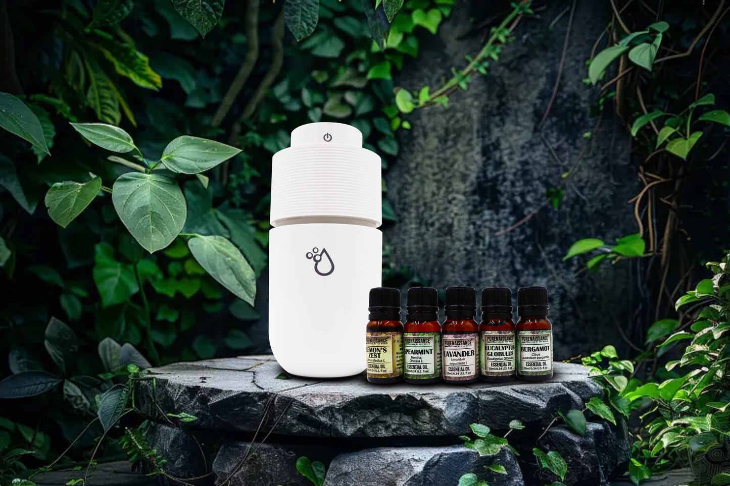 PureGo - Aromatherapy essential oil USB Portable Diffuser Purenaissance, Domestic-professional use, with five bottles of 10ml essential oils.