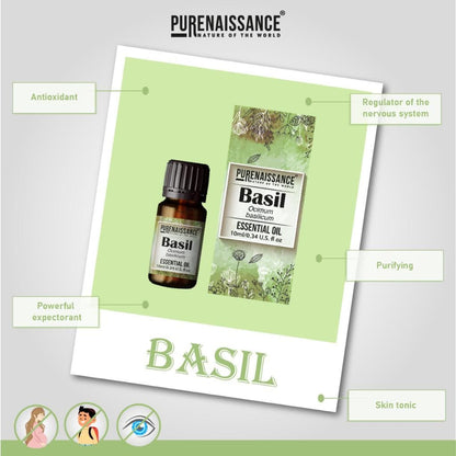 Pure Basil Essential Oil Purenaissance Therapeutic Grade, Best for Aromatherapy and Diffuser/10 ml
