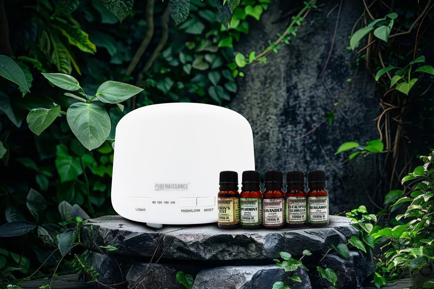 White Aura - Aromatherapy essential oil Diffuser Purenaissance, Domestic-professional use, with five bottles of 10ml essential oils.