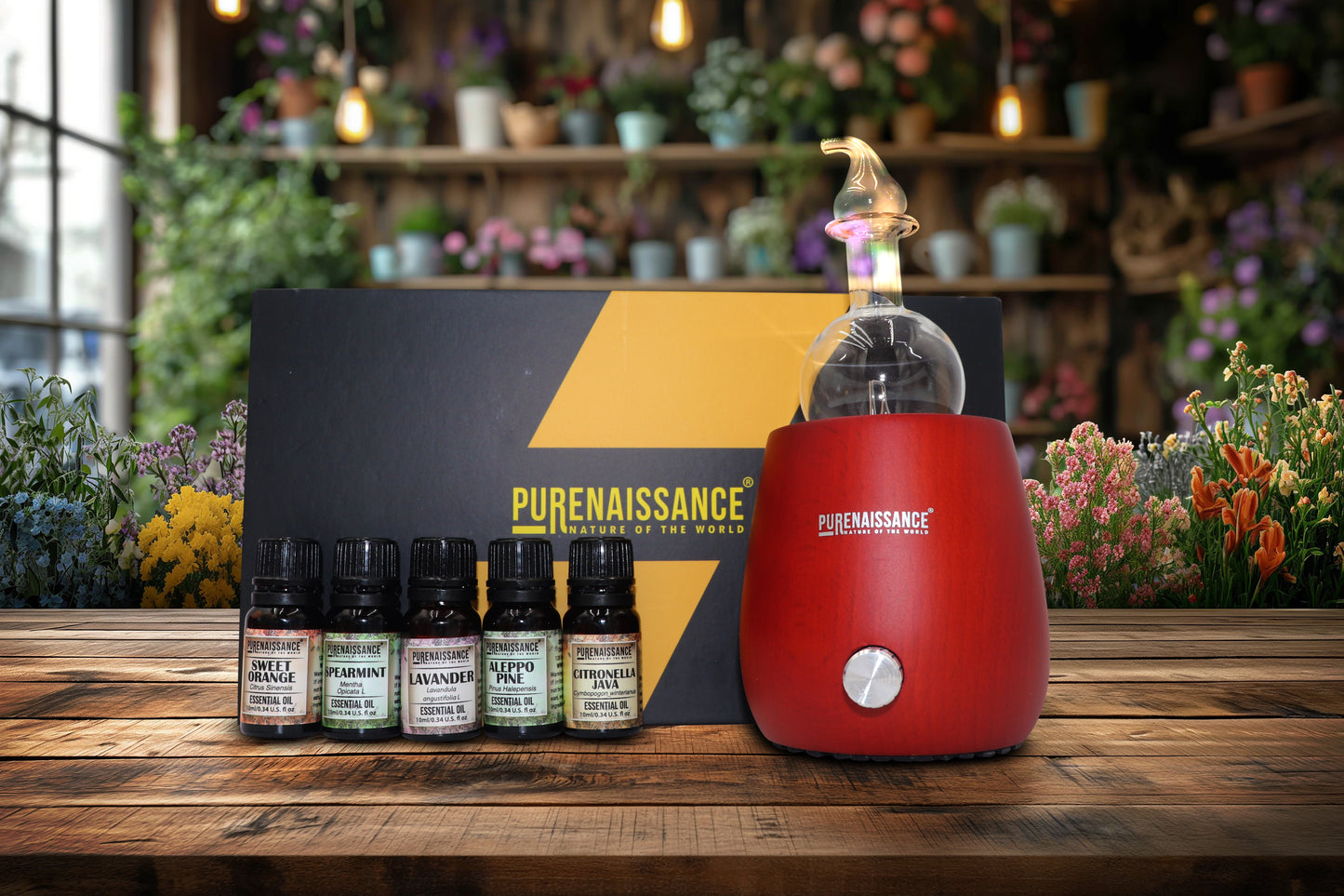 Amber Dew - Aromatherapy essential oil Nebulizer Diffuser Purenaissance, Domestic-professional use, with five bottles of 10ml essential oils.