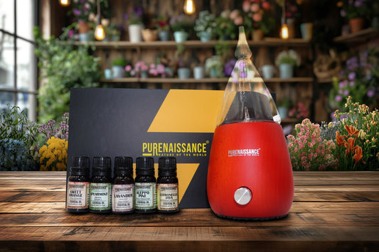 Lamp of Scent - Aromatherapy essential oil Nebulizer Diffuser Purenaissance, Domestic-professional use, with five bottles of 10ml essential oils.