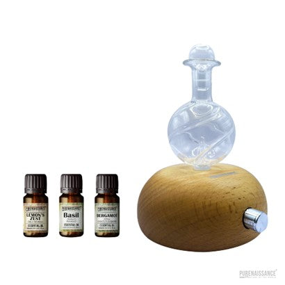 Aromatherapy essential oil Diffuser nebulizer Purenaissance, Natural wooden & glass , No water, with three bottles of 10ml essential oils.