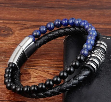 Natural volcanic stone beaded bracelet hand Braided leather men's bead magnetic bracelet.